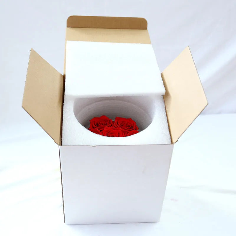 Handmade everlasting rose in Hug Bucket, colour White+Red, with 12 flowers