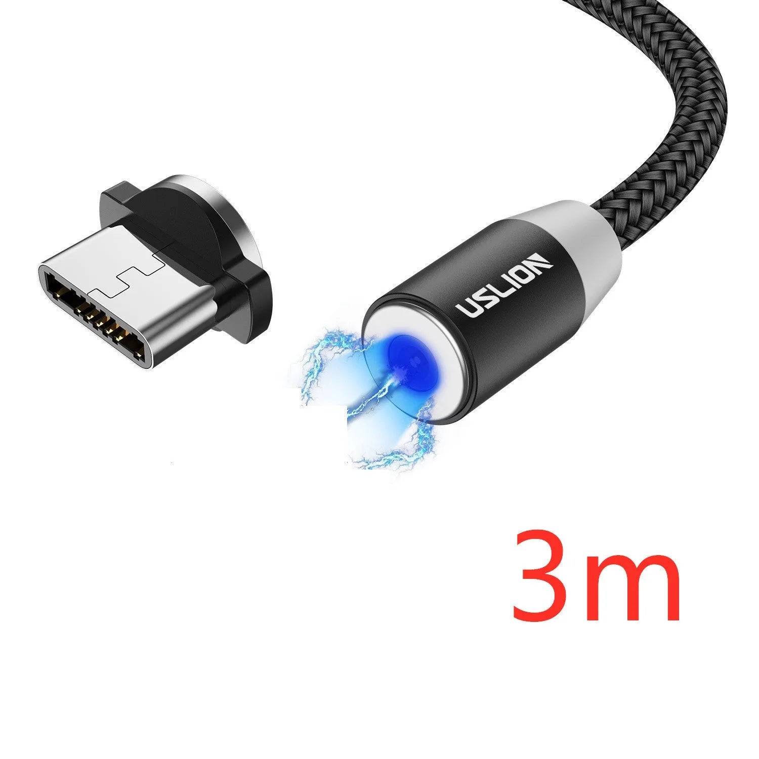 USLION circular magnetic charging cable in black, showing magnetic connector and plug for Android, iOS, or Type-C device.