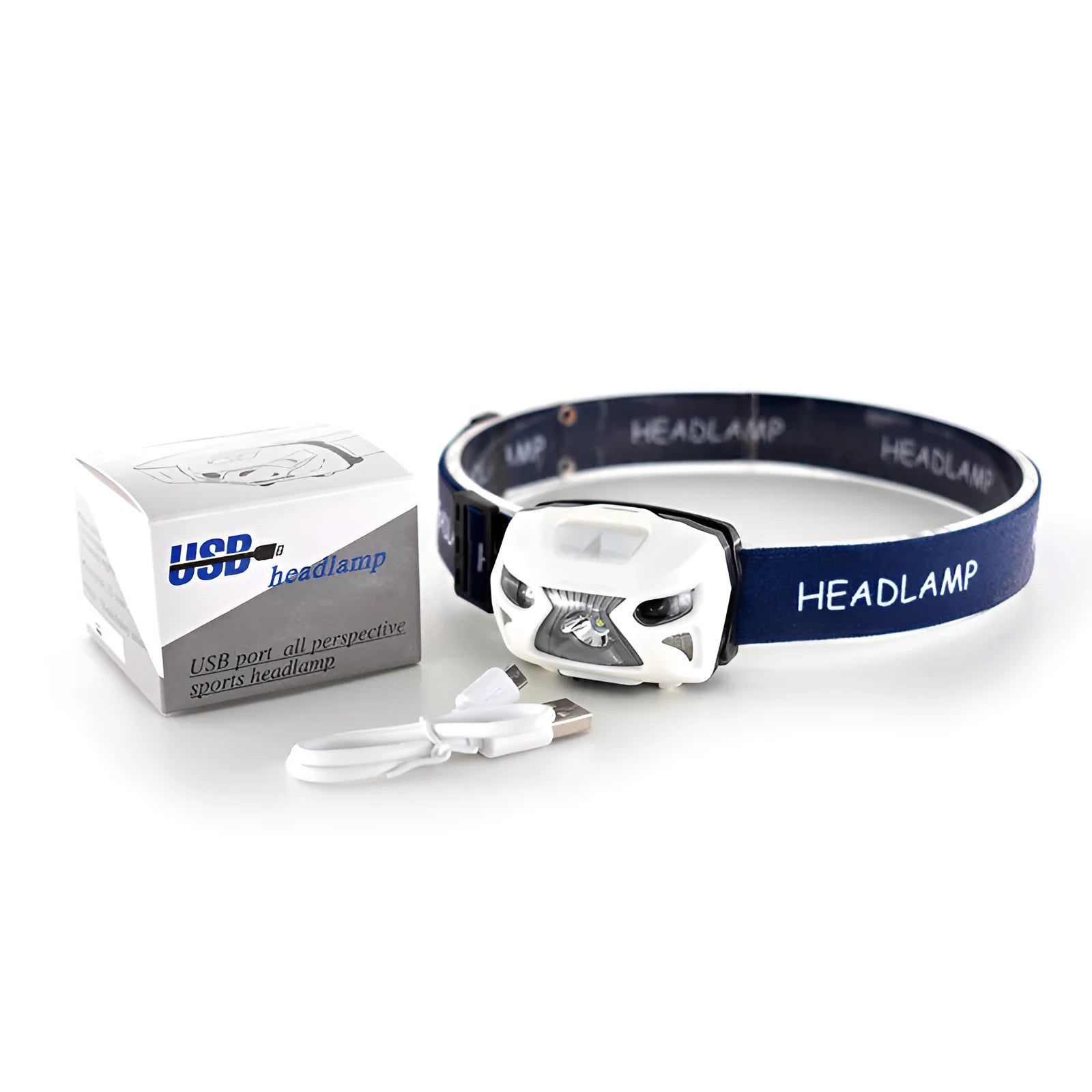 Head-mounted LED sensor headlight with adjustable webbing strap, shown in black colour.