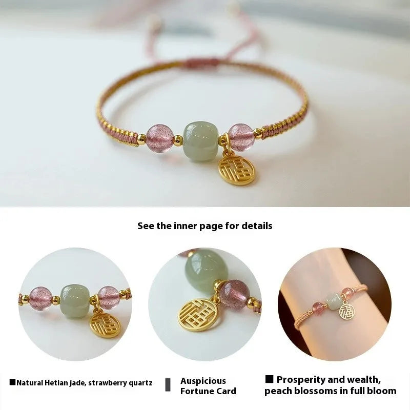 Adjustable red rope bracelet with strawberry quartz gemstones in traditional Chinese style