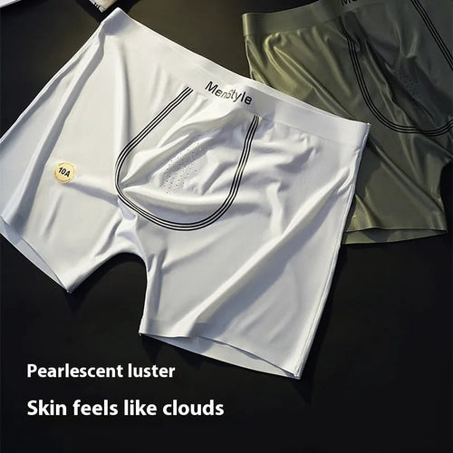 Men's seamless satin ice silk boxer shorts in a mid-waist design shown in bare skin colour.