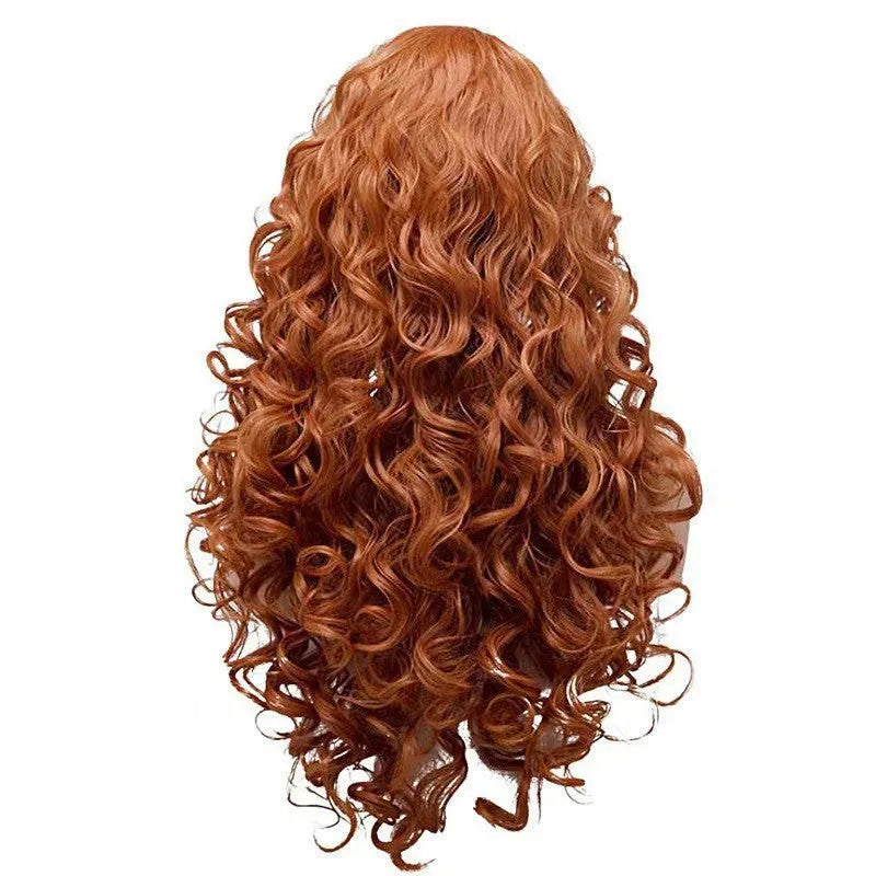 Long brown curly wig with red streaks and fluffy instant noodles texture for Halloween cosplay.