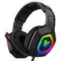 Black wired gaming headset with imitation protein leather earmuffs and 3.5mm plug on headset stand