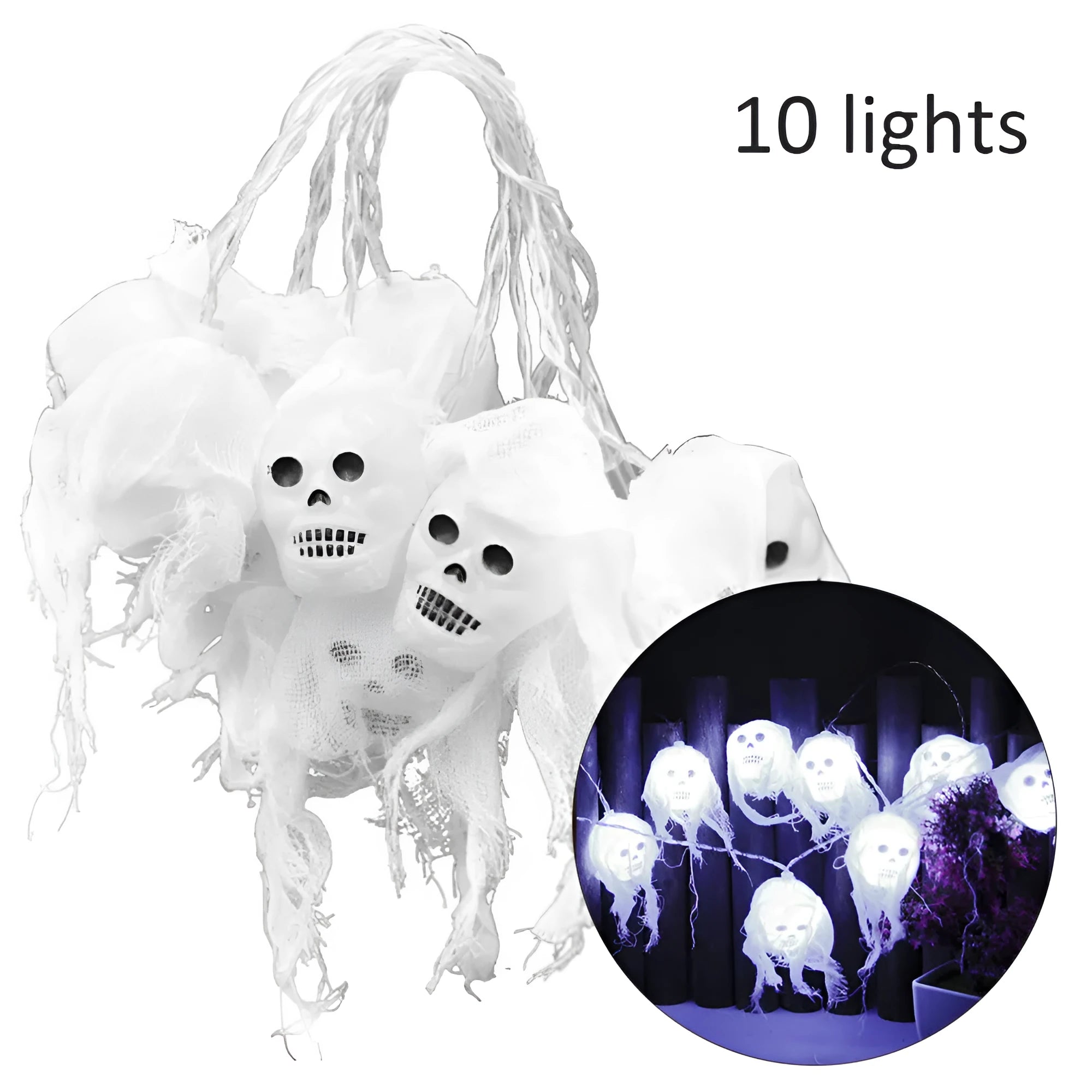 LED Halloween lights with ghost head and yarn design, 2.5 metre plastic shell string lights in colourful option