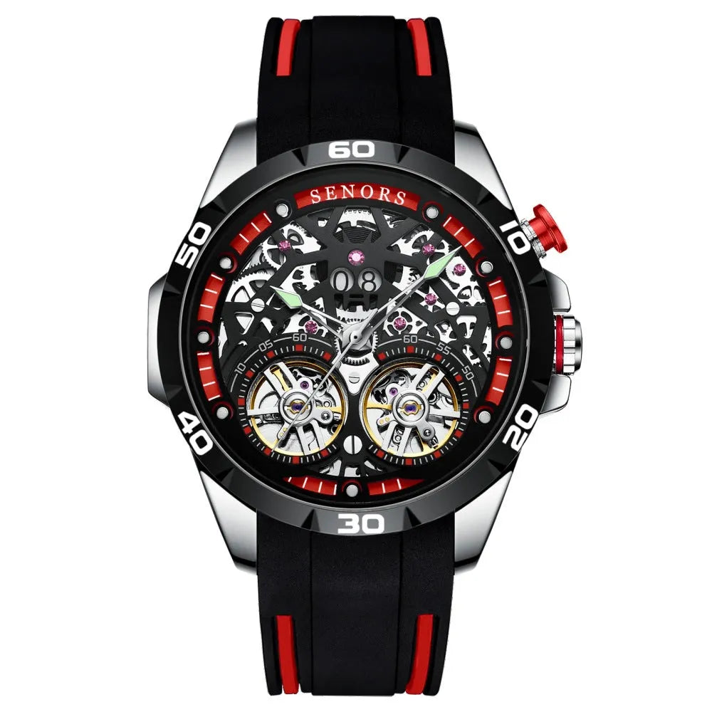 Men's automatic mechanical watch with luminous skeleton dial in blue colour showing visible movement