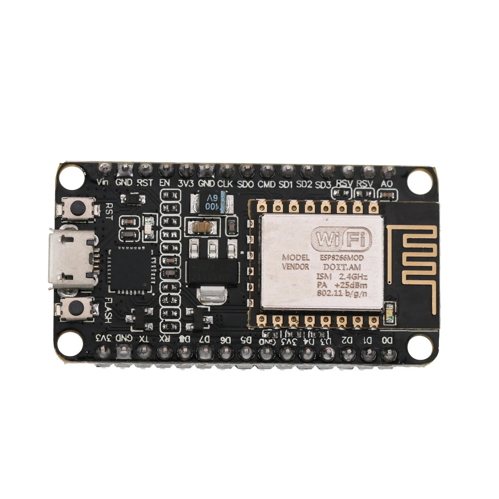 NodeMcu Lua Wi-Fi development board with ESP8266 chip and USB connector.