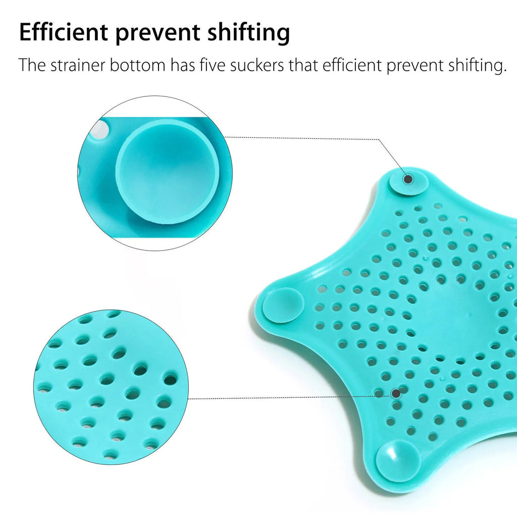 Three starfish-shaped TPR sink drain filters in blue, green, and white on a bathroom sink