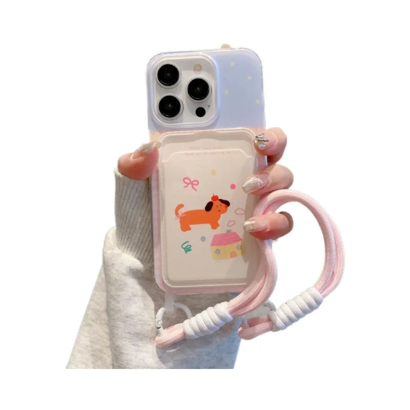 Cartoon lanyard phone case with card holder in Coconut Puppy colour for iPhone 15