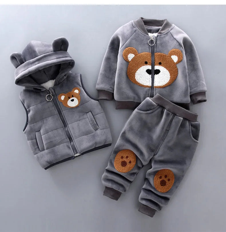 Children's thick three-piece cotton suit in bear blue with top, trousers and extra piece for toddlers aged 0-4 years
