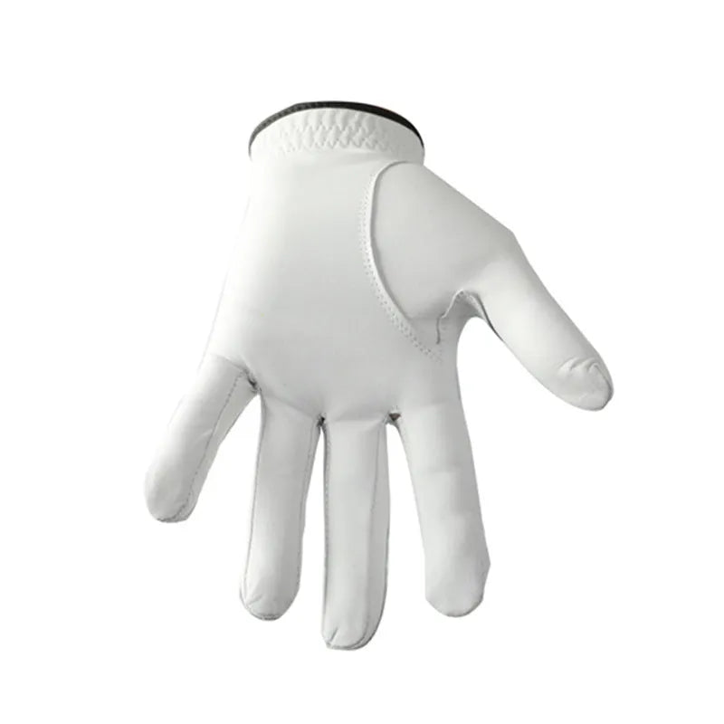 White half sheepskin golf glove for men, showing non-slip palm and breathable design.