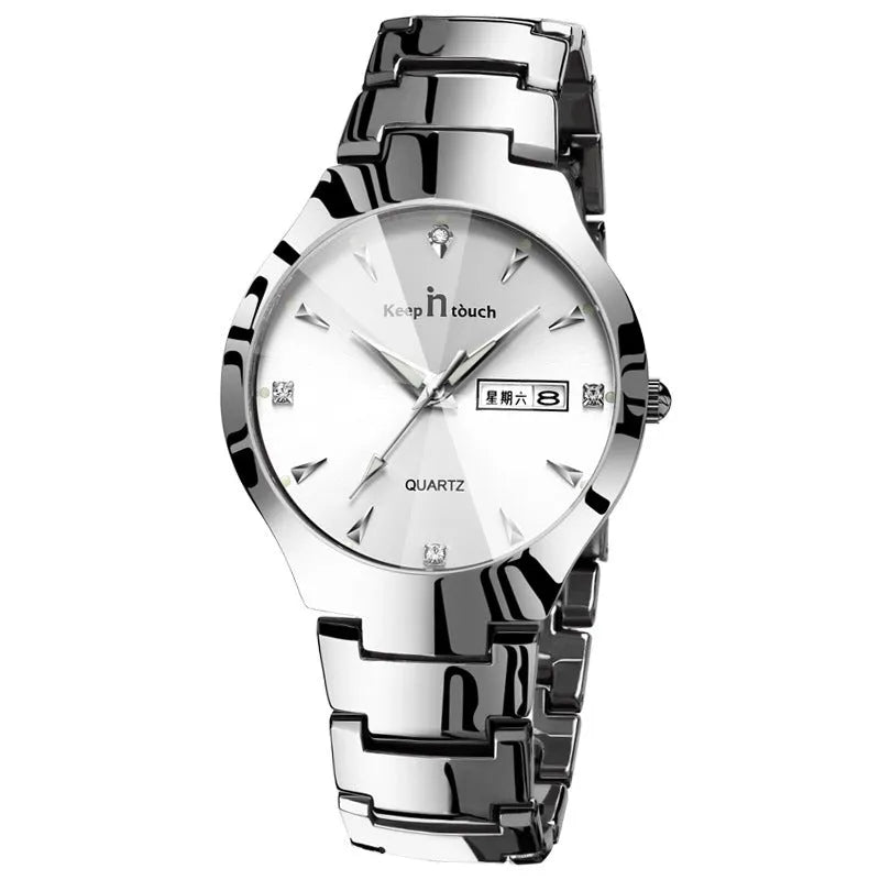 Luminous couple calendar quartz watch with 38mm round alloy case and mineral glass, available in silver black