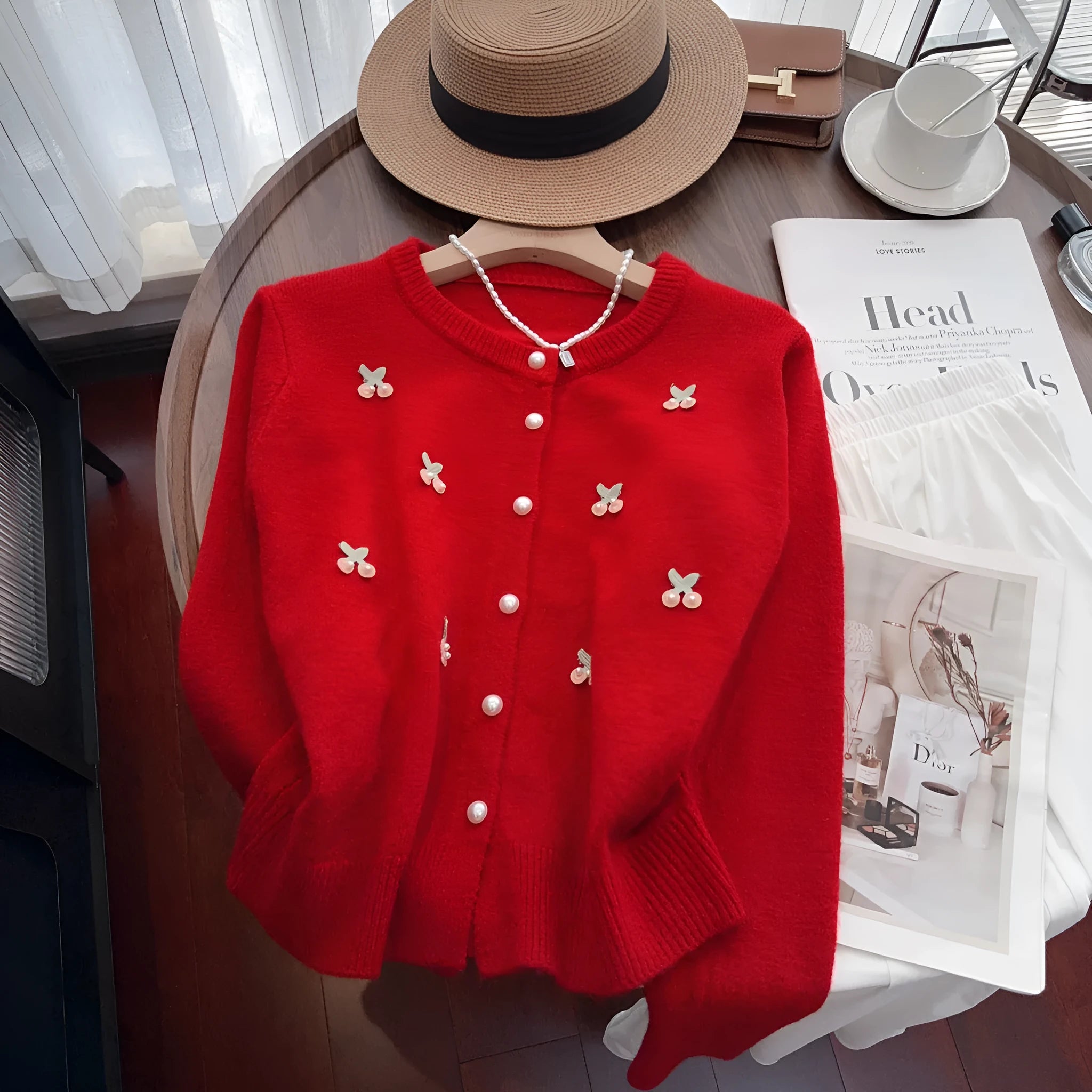 Women's cashmere cardigan sweater coat with beaded detail in slim fit free size