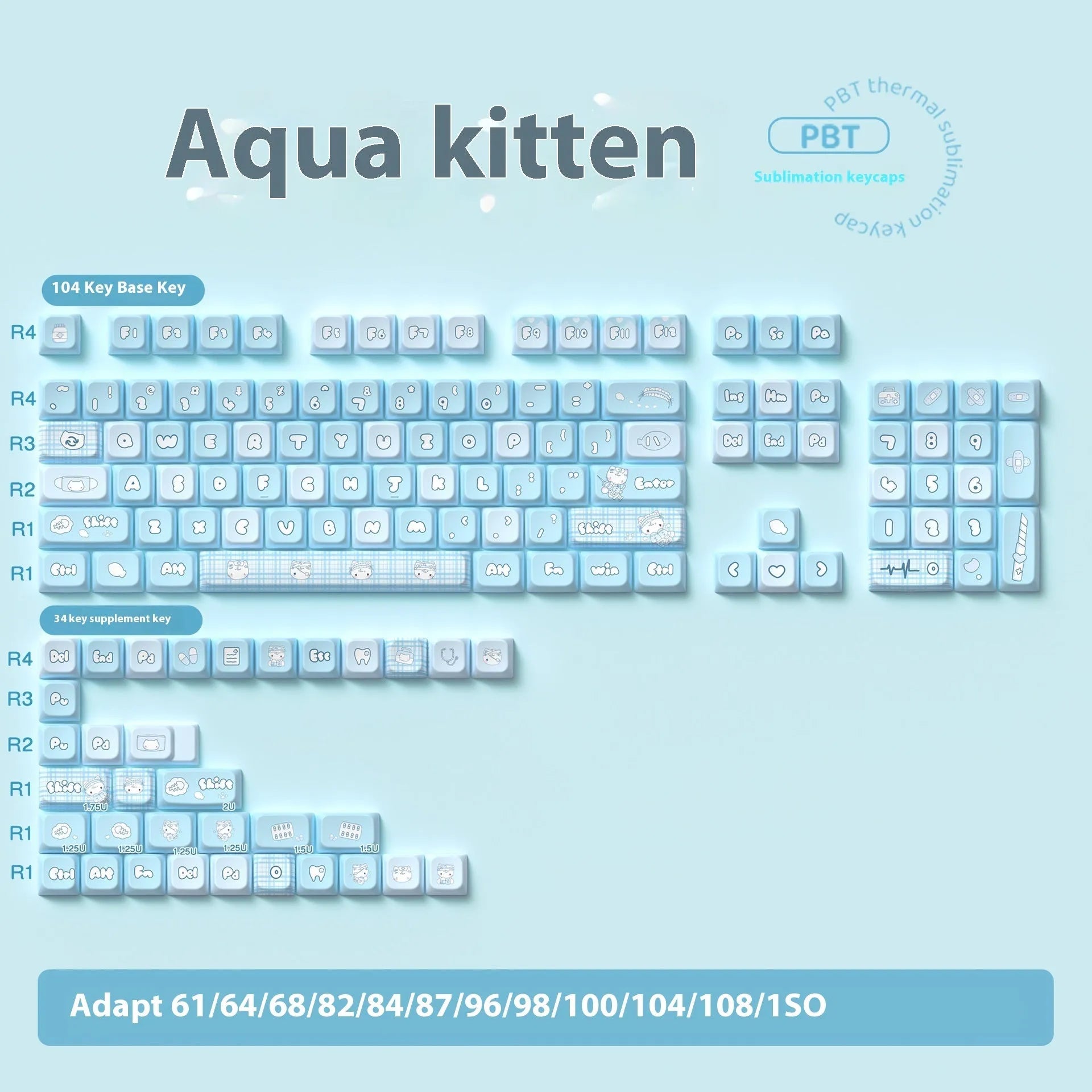 Watercolour kitten design PBT keycap set for mechanical keyboards, showing 138-key and 158-key full kit options.