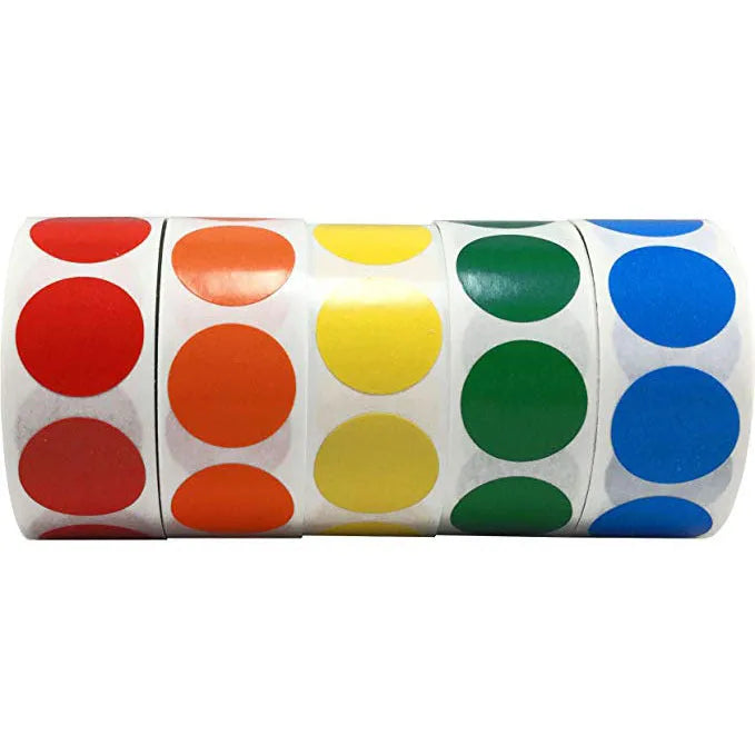 Chroma colour code point label stickers roll showing 2.5cm round labels in multiple colours with permanent glue