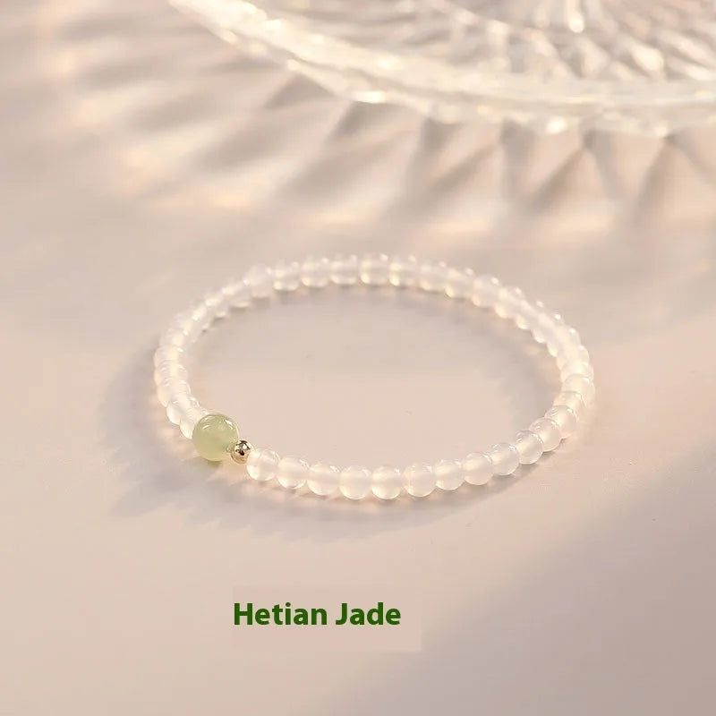 Handcrafted white agate women's bracelet with natural stone beads, 15 cm length, New Chinese style
