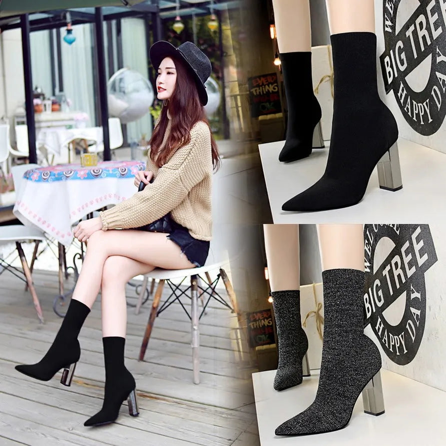 Short tube women's boots with pointed toe, thick heel, and woolen vamp in black, sizes 34-43