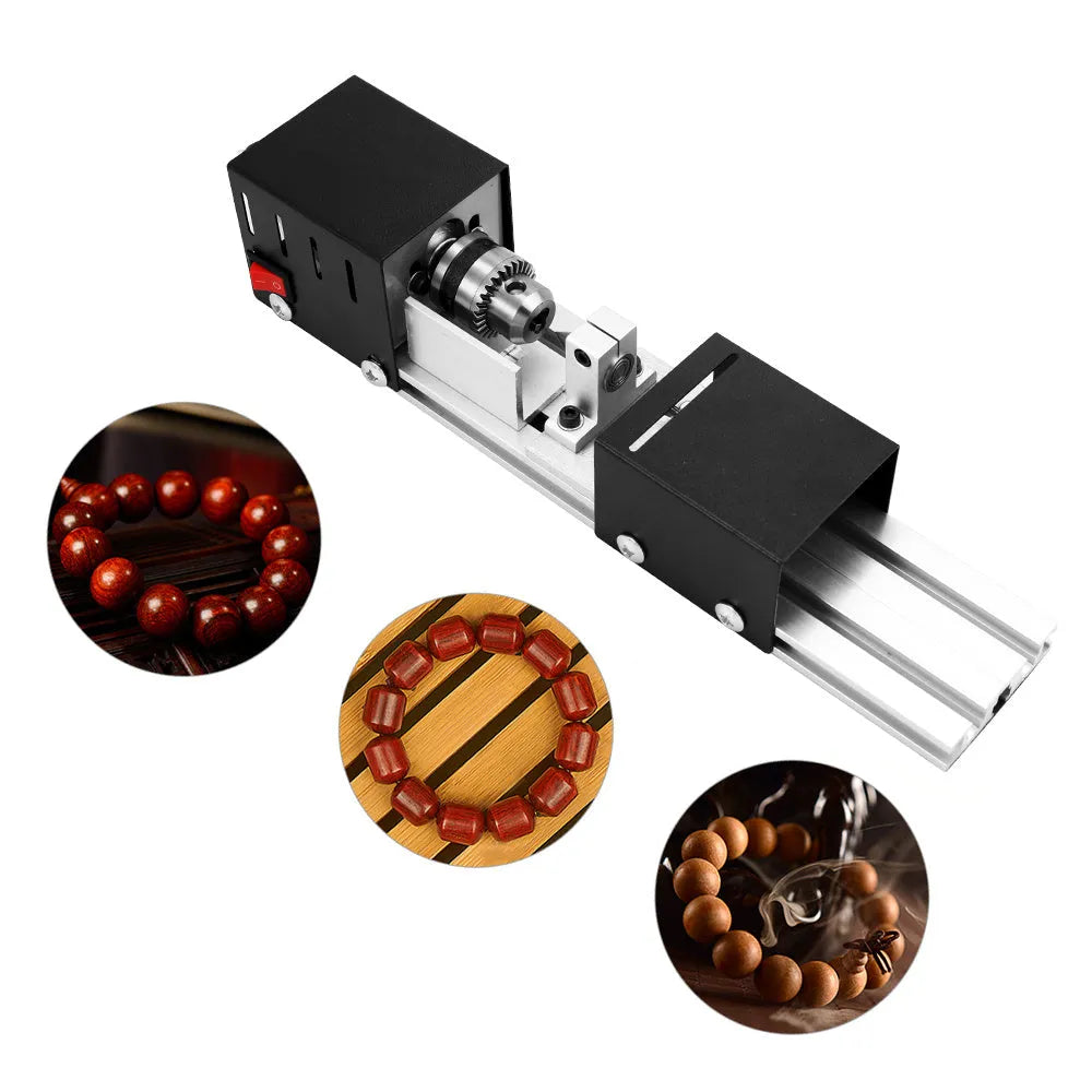 Mini woodworking lathe manual benchtop silver metal construction 320x70x70mm with carving knives