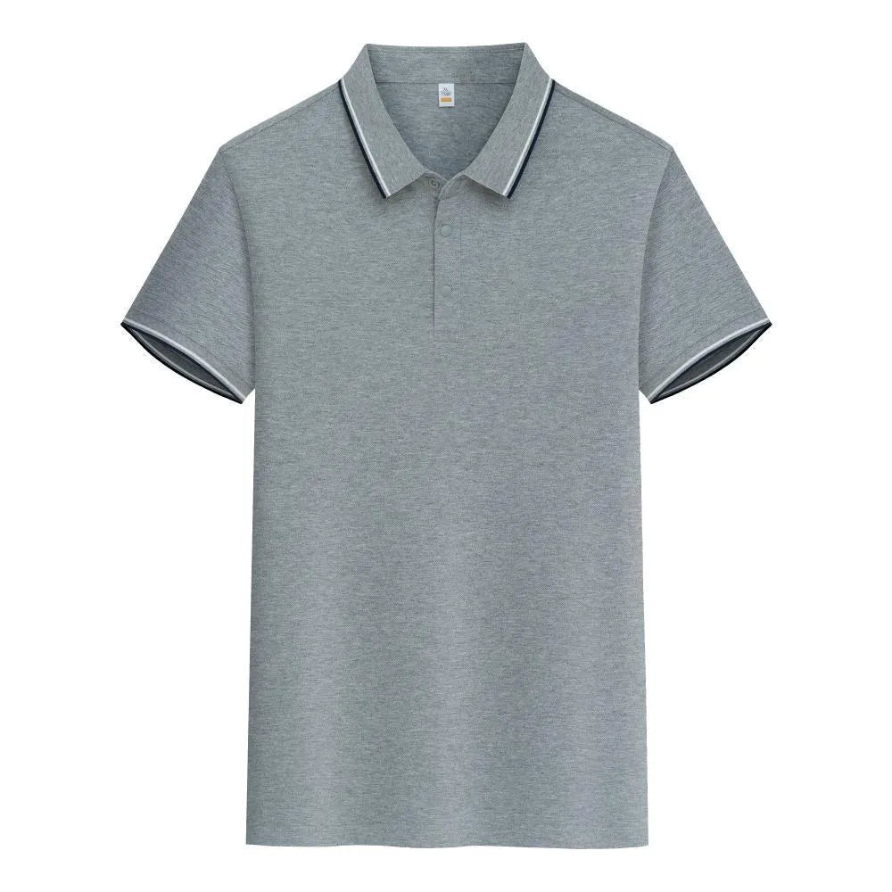 A pure cotton polo shirt with a lapel collar and short sleeves, shown in a light blue colour.