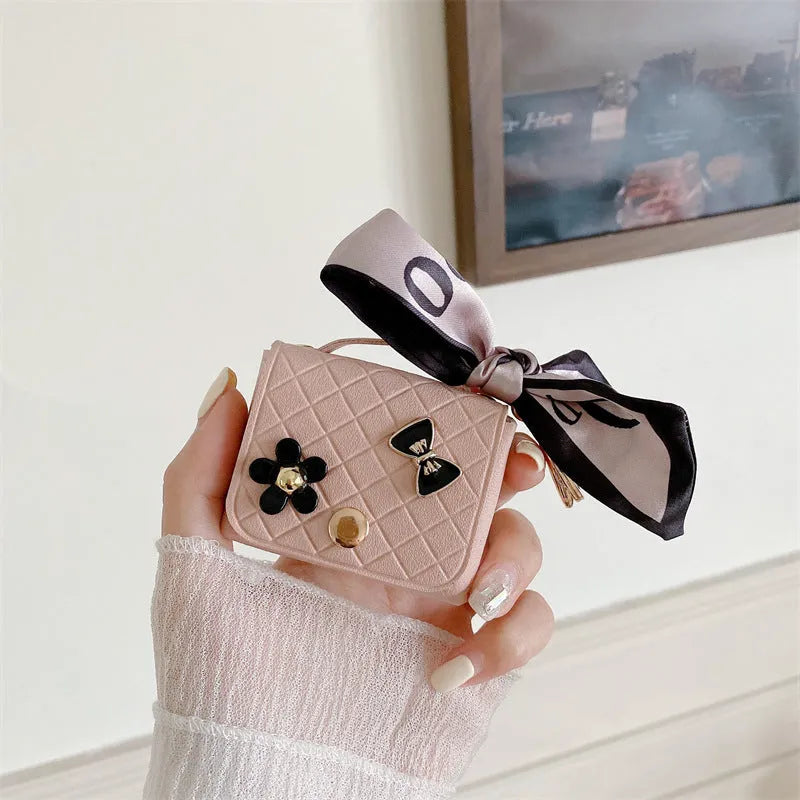 Korean Style Silk Scarf Earphone Bag for AirPods, Pink Faux Leather DIY Soft Shell Case
