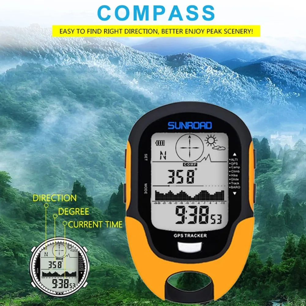 Yellow outdoor navigation altimeter with electronic compass and air pressure display on a rock