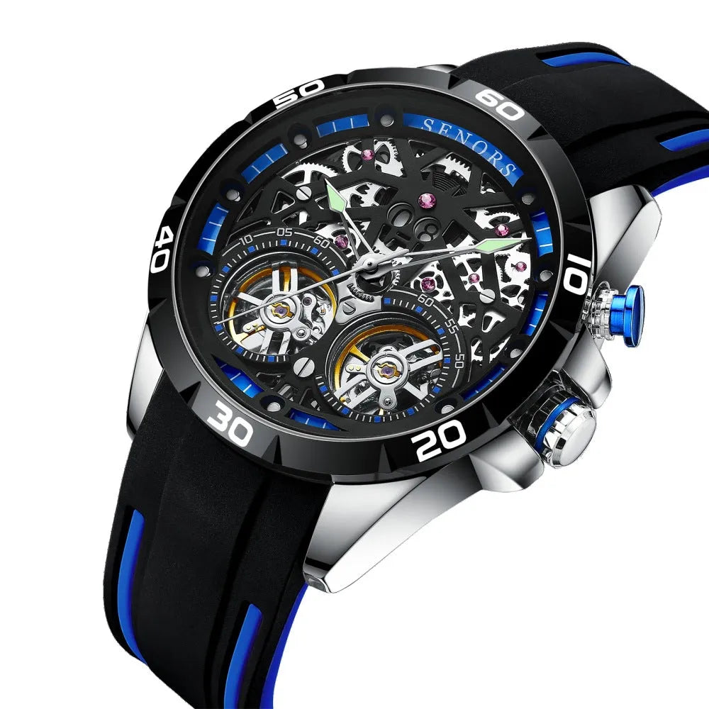 Men's automatic mechanical watch with luminous skeleton dial in blue colour showing visible movement