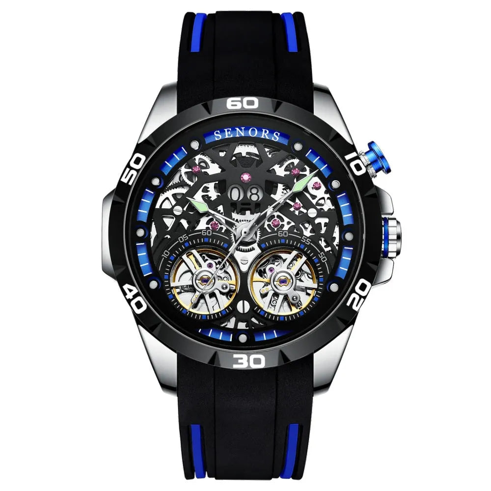 Men's automatic mechanical watch with luminous skeleton dial in blue colour showing visible movement