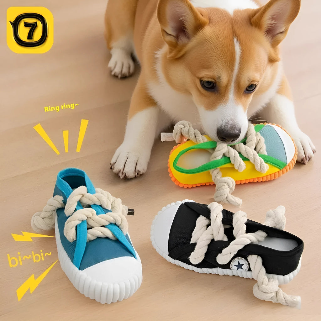 Plastic dog toy shaped like slippers in yellow, black, or blue, designed for chewing and making sound.