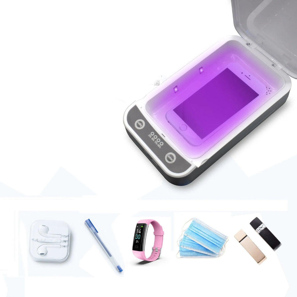 White UV disinfection box with closed lid, shown with scale indicating its 218mm length.
