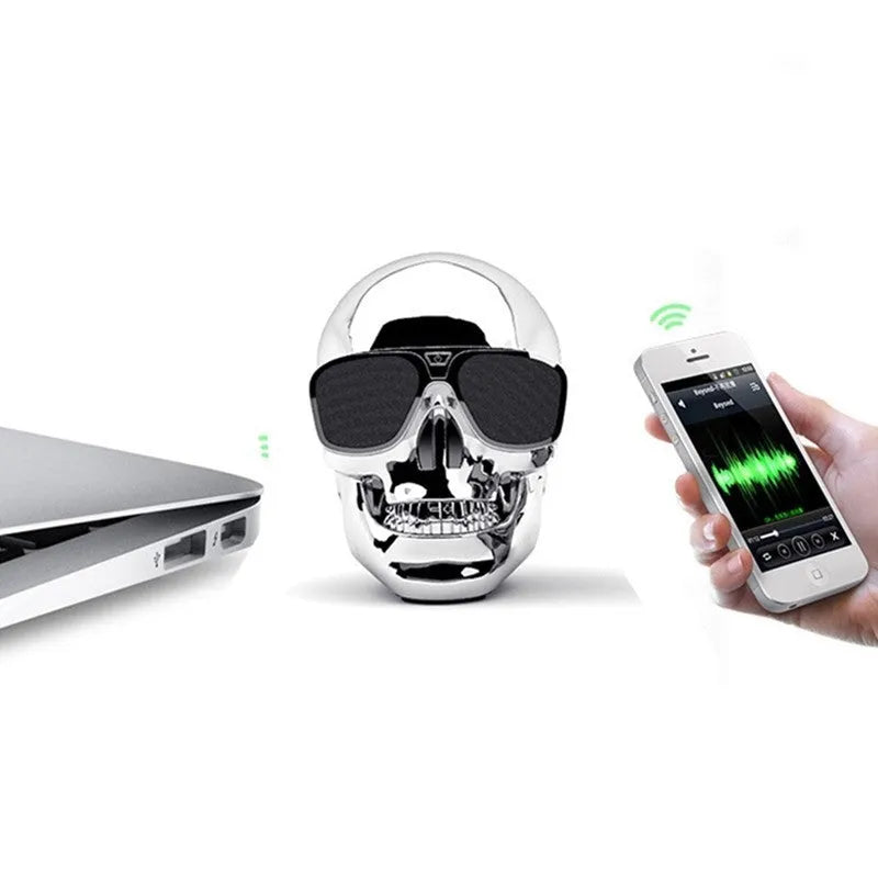 Skull-themed portable wireless Bluetooth speaker in multiple colours with a 10-hour battery.