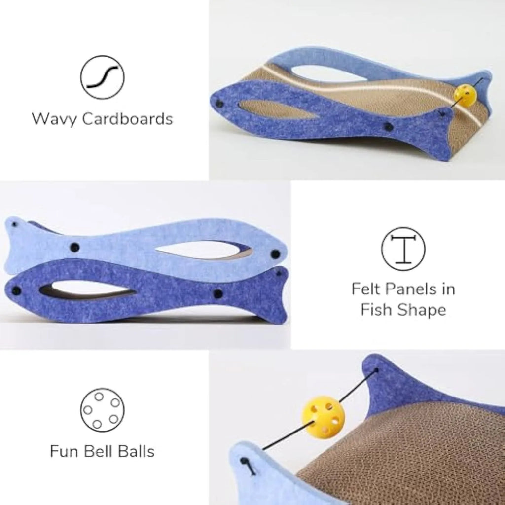 Blue fish-shaped cat scratcher with ball toy on elastic cord and wavy lounge area
