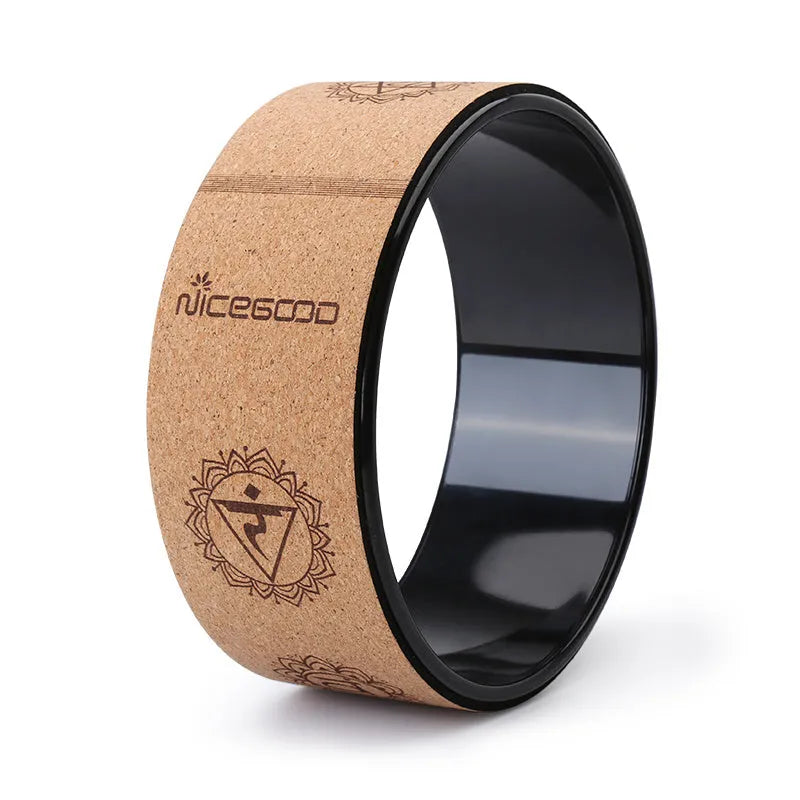 Cork yoga wheel 32cm diameter natural cork surface black colour for spinal support and backbends