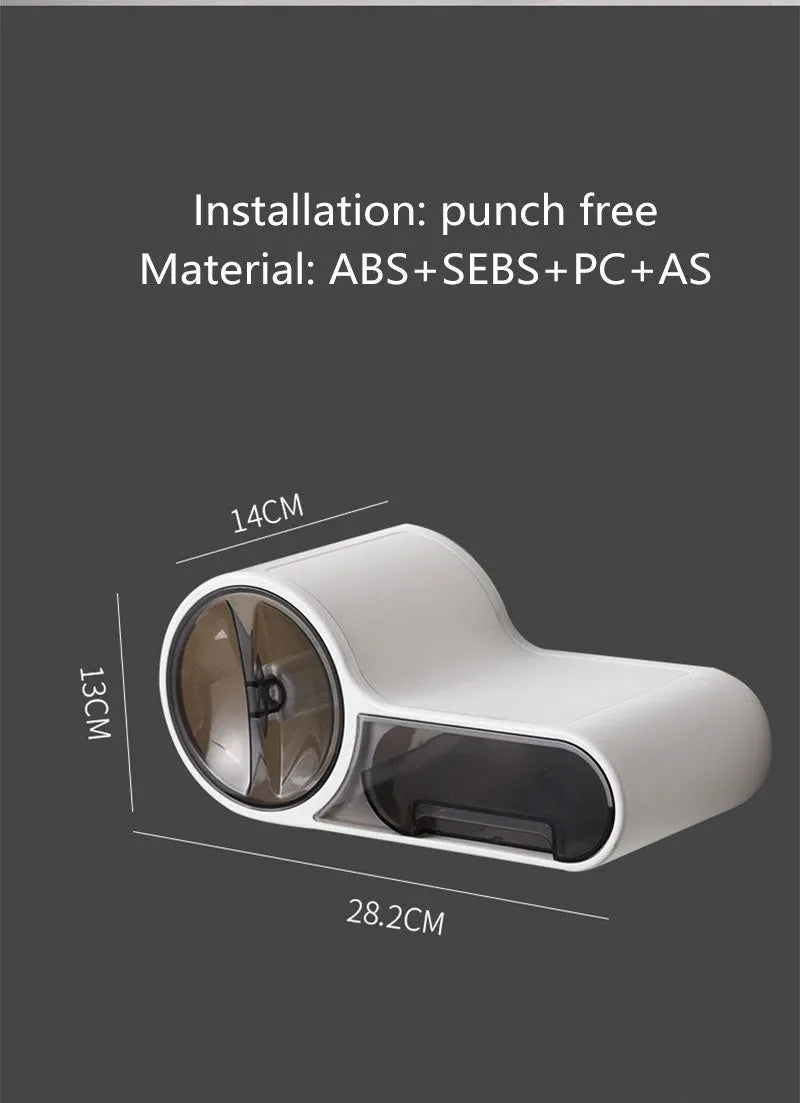 White plastic toilet roll holder with streamline curve design for no-drill bathroom installation
