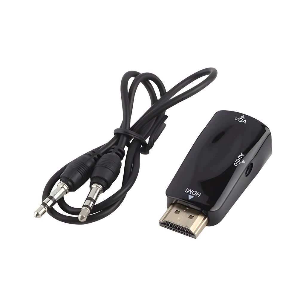 Black and white HDMI to VGA adapter converter showing compact dimensions