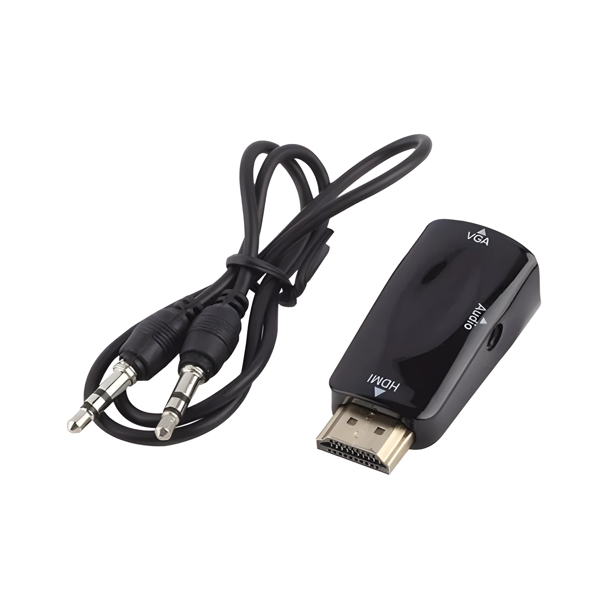 Black and white HDMI to VGA adapter converter showing compact dimensions