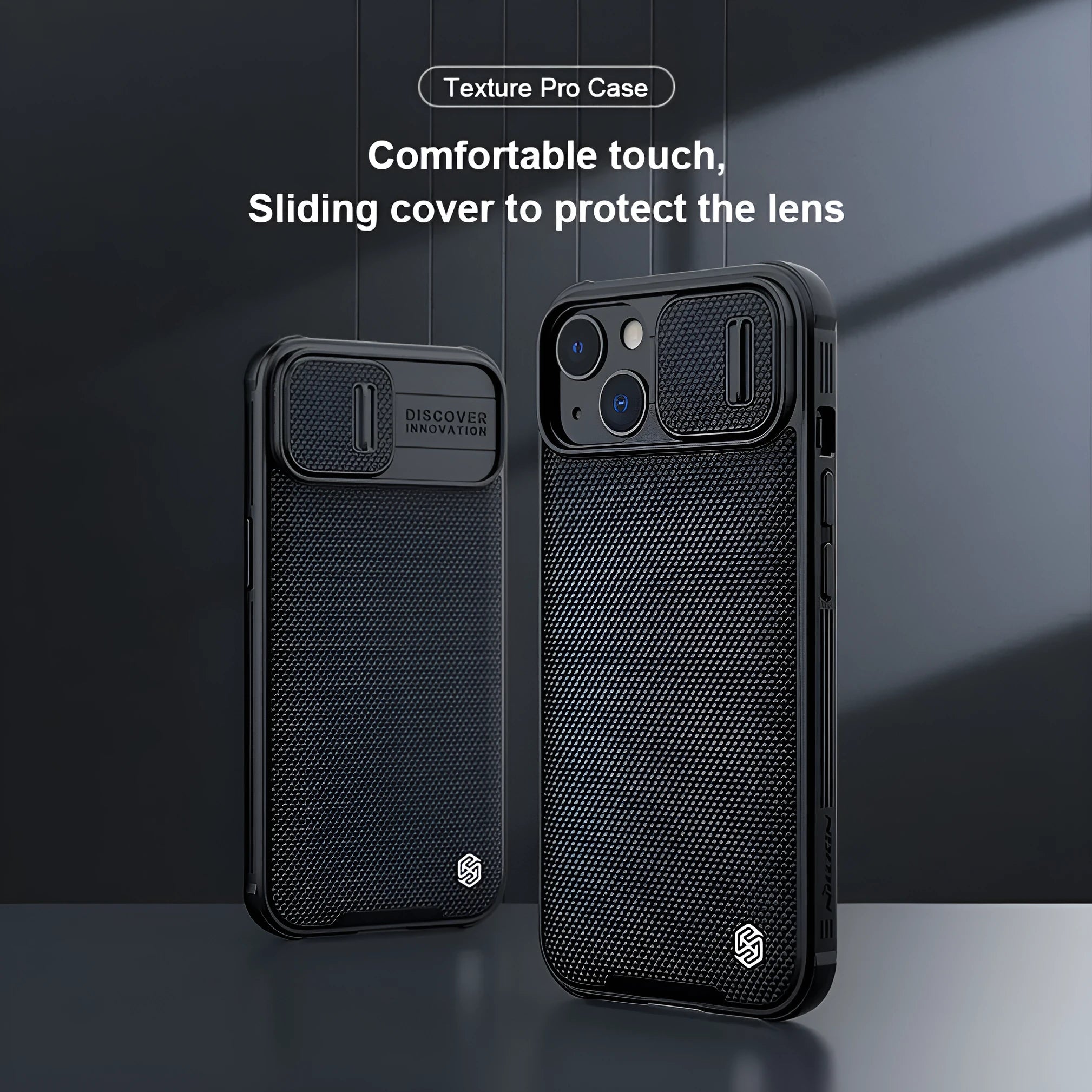 Black textured sliding back cover phone case for iPhone 13 Pro Max made from PC and TPU.