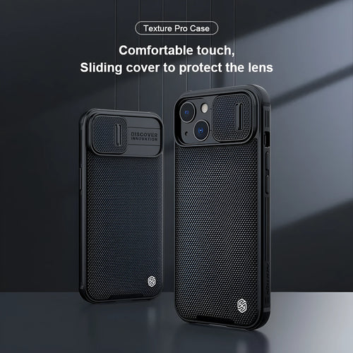 Black textured sliding back cover phone case for iPhone 13 Pro Max made from PC and TPU.