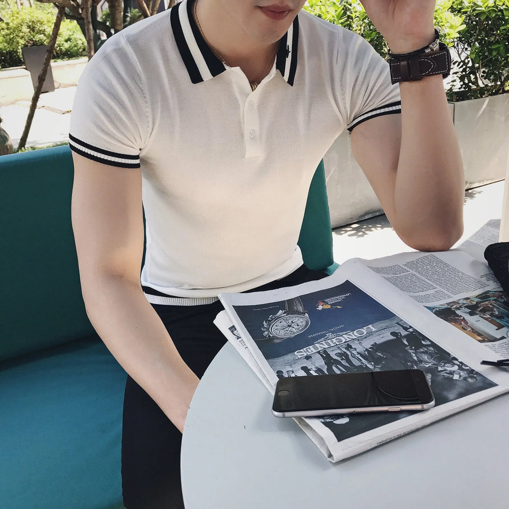 Casual thin slim fit short sleeve polo shirt for men in black white red polyester viscose blend