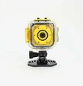 Yellow children's waterproof sports camera showing front display and controls