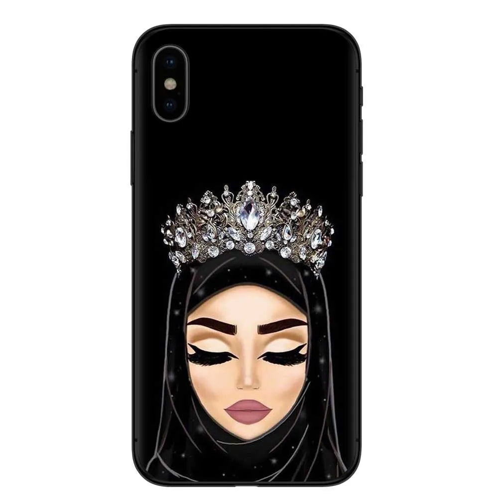 Islamic hijab veil design iPhone case with rhinestone and floral patterns on a flexible TPU back cover.