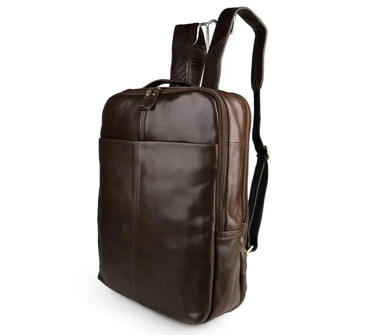 Top layer leather computer backpack in brown, fits 15 inch laptop, 29cm length 38cm height compact business daypack