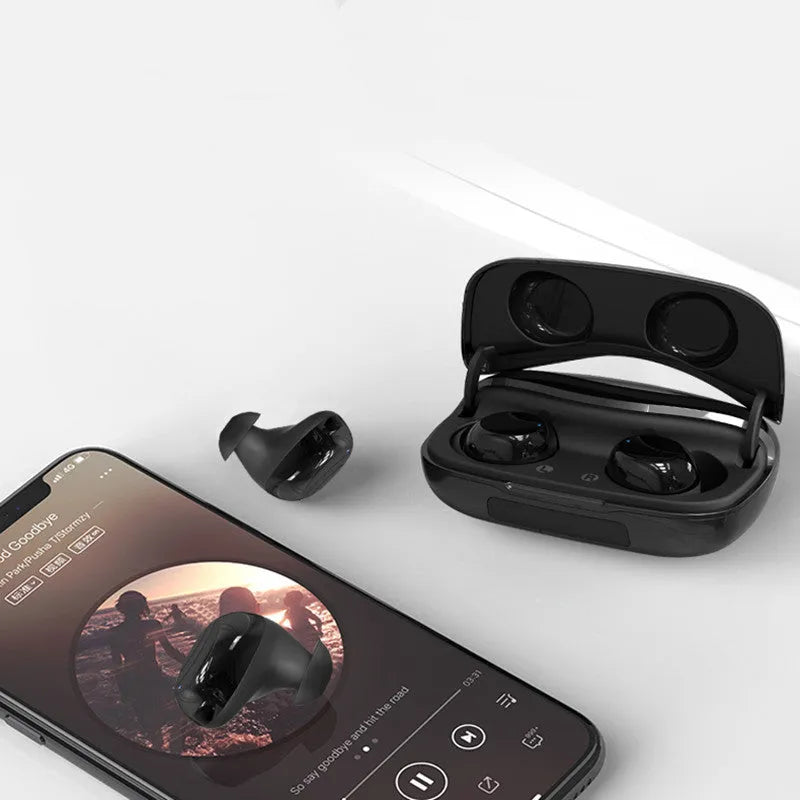 Black plastic Bluetooth 5.0 in-ear earphone with IPX5 waterproof rating and 15-metre range