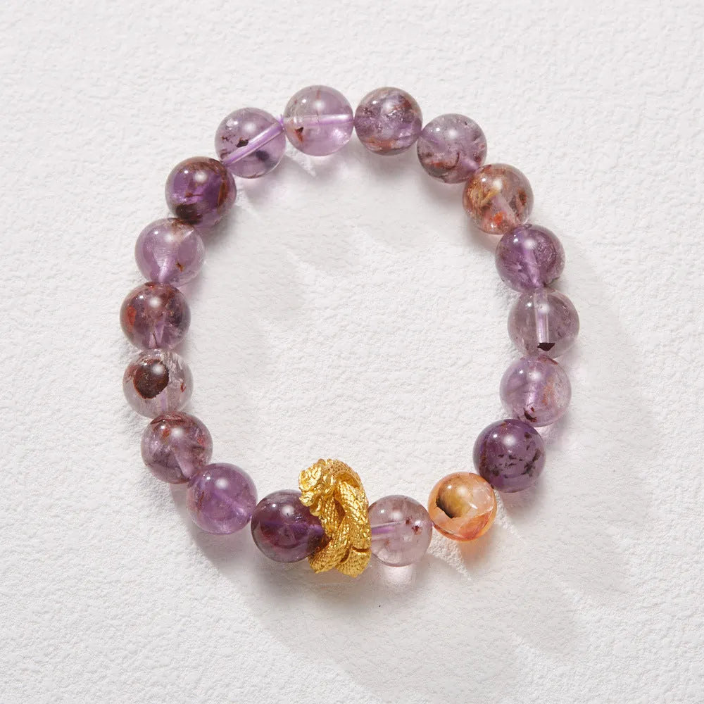 Purple ghost stone nine purple good luck crystal bracelet with 10mm beads and animal zodiac design.