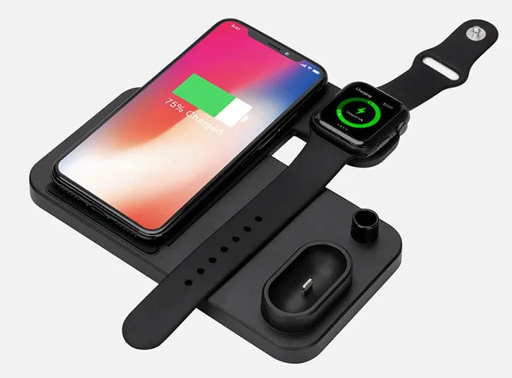 Black 4-in-1 wireless charging station with phone on adjustable stand, Apple Watch, and AirPods charging.