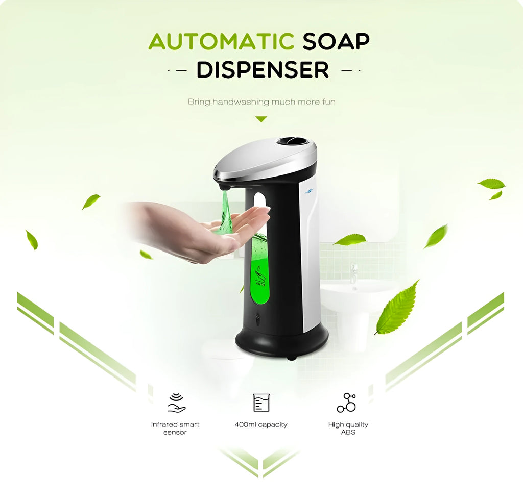Black automatic touchless soap dispenser with infrared sensor, 400ml capacity, on a bathroom countertop