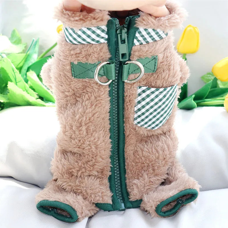 Green fleece dog jumpsuit with four legs and back zipper for small breed winter wear