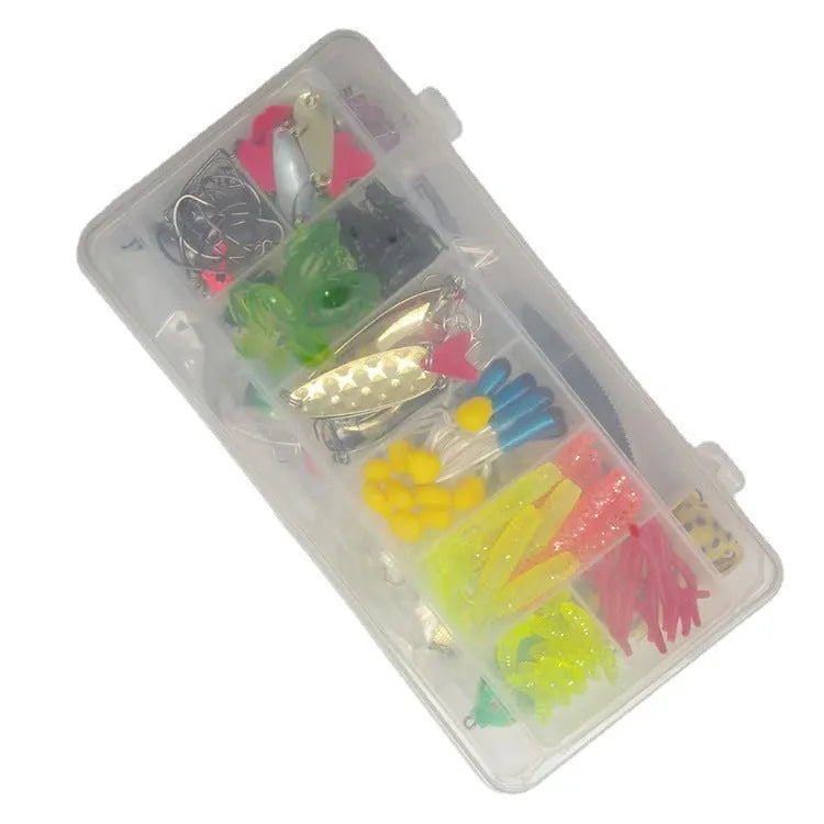142-piece fishing lure kit with metal pliers and hard mino style lures
