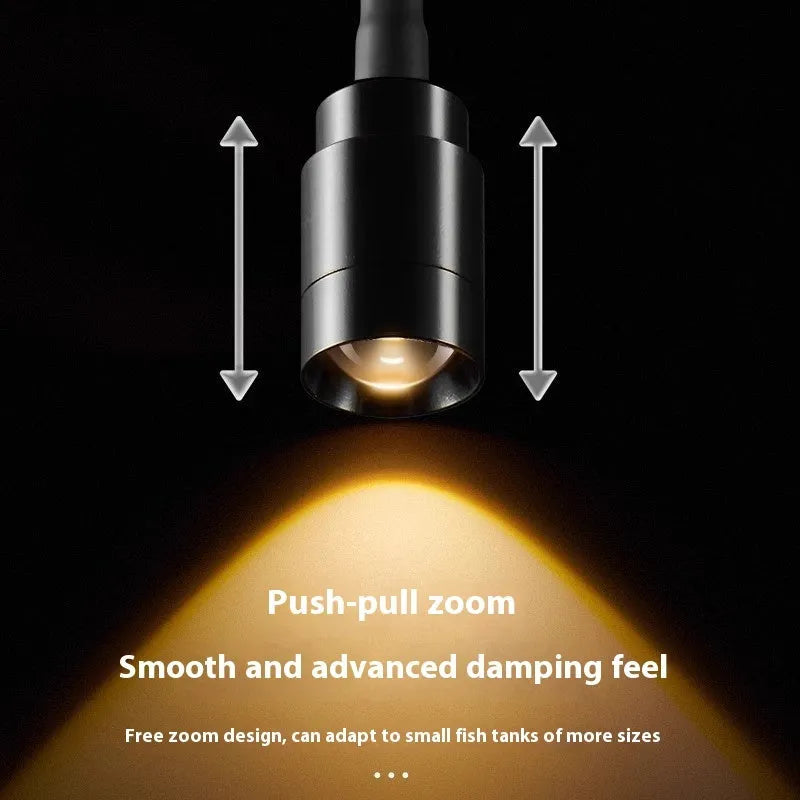 Mini LED aquarium light with adjustable clip mounting on small fish tank