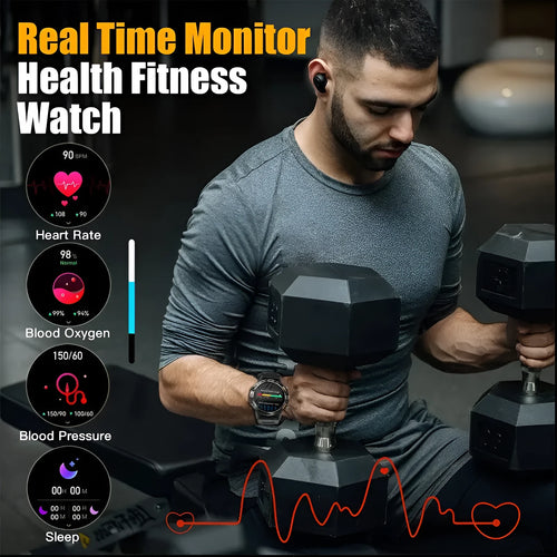 Bluetooth calling smart watch with IPS touch screen on wrist, showing health metrics display