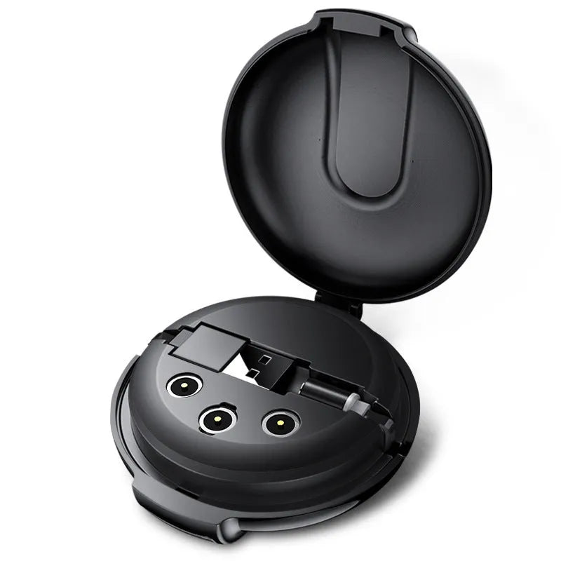 Black 3-in-1 magnetic retractable car phone charger with USB cable and mounting patch