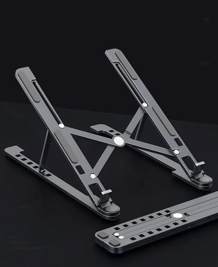 Aluminium alloy laptop stand in folded and extended positions, shown in silver colour.
